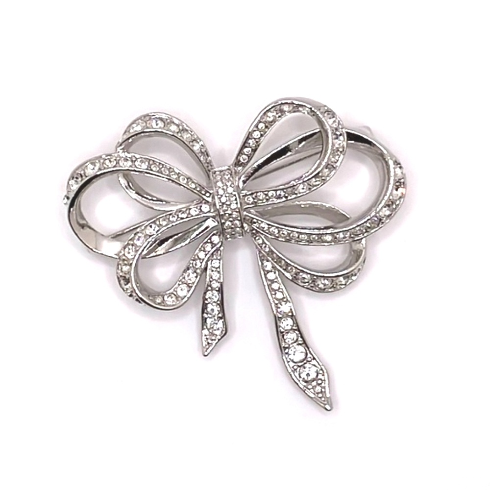KJL for Avon Vintage Silver Tone Rhinestone Double Bow Pin Brooch